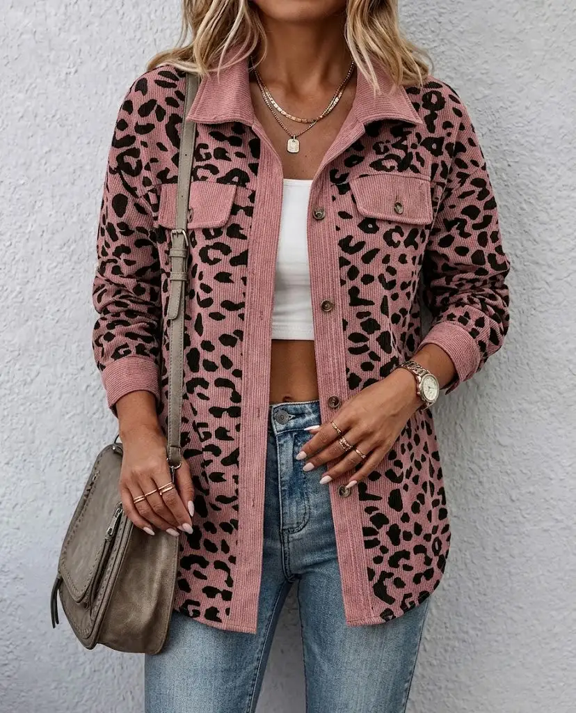 Contrast Rib Collar Leopard Print Corduroy Long Sleeve Shirt Jacket