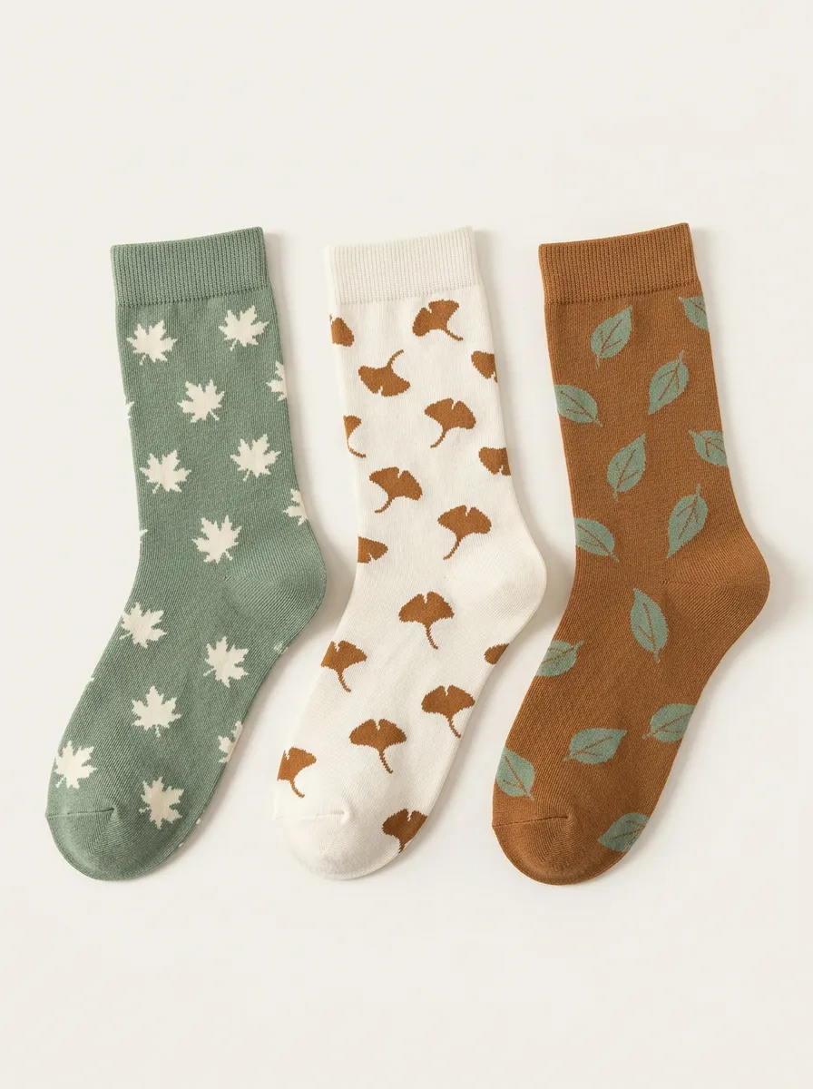 Everyday Ginkgo Maple Leaf Leaf Pattern Three Pair Sock Set
