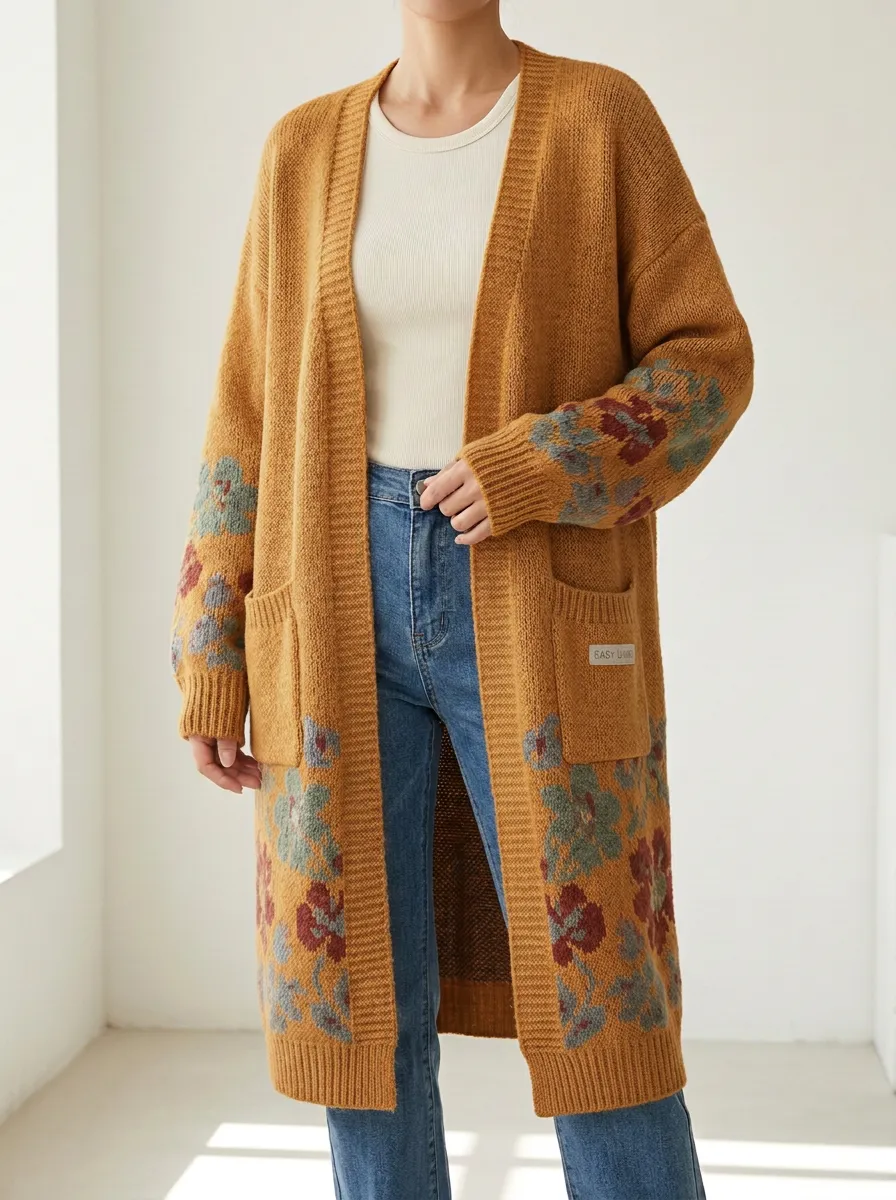 Women's Vintage Floral Pattern Print Long Knit Cardigan