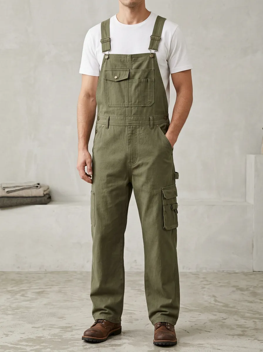 Men's Olive Green Side-Button Cargo Bib Overalls