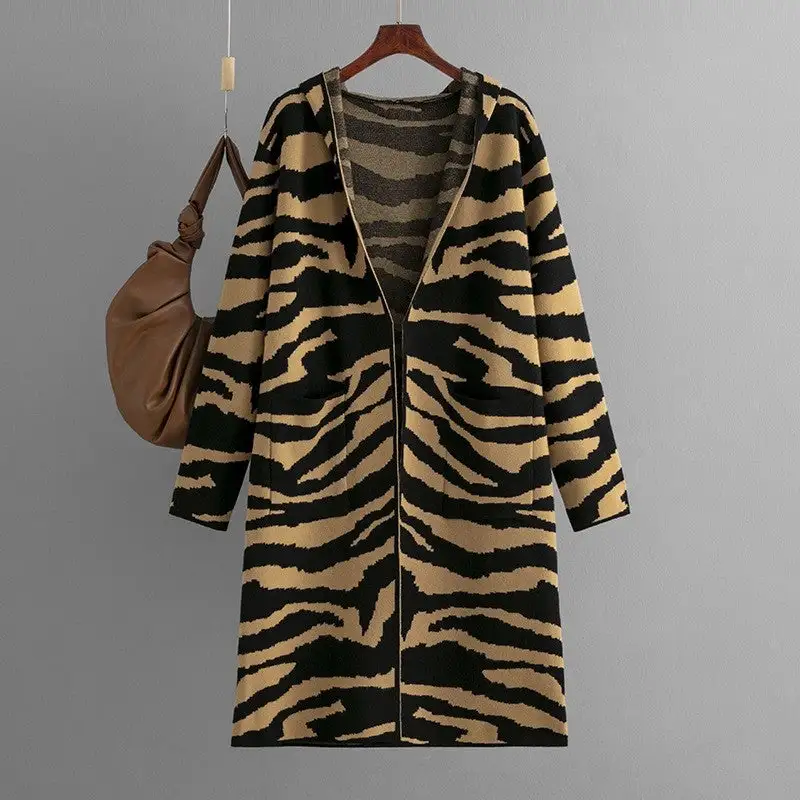 Hooded Zebra-Print Relaxed Outerwear Coat