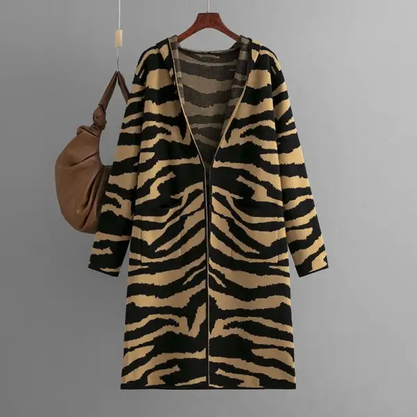 Hooded Zebra-Print Relaxed Outerwear Coat