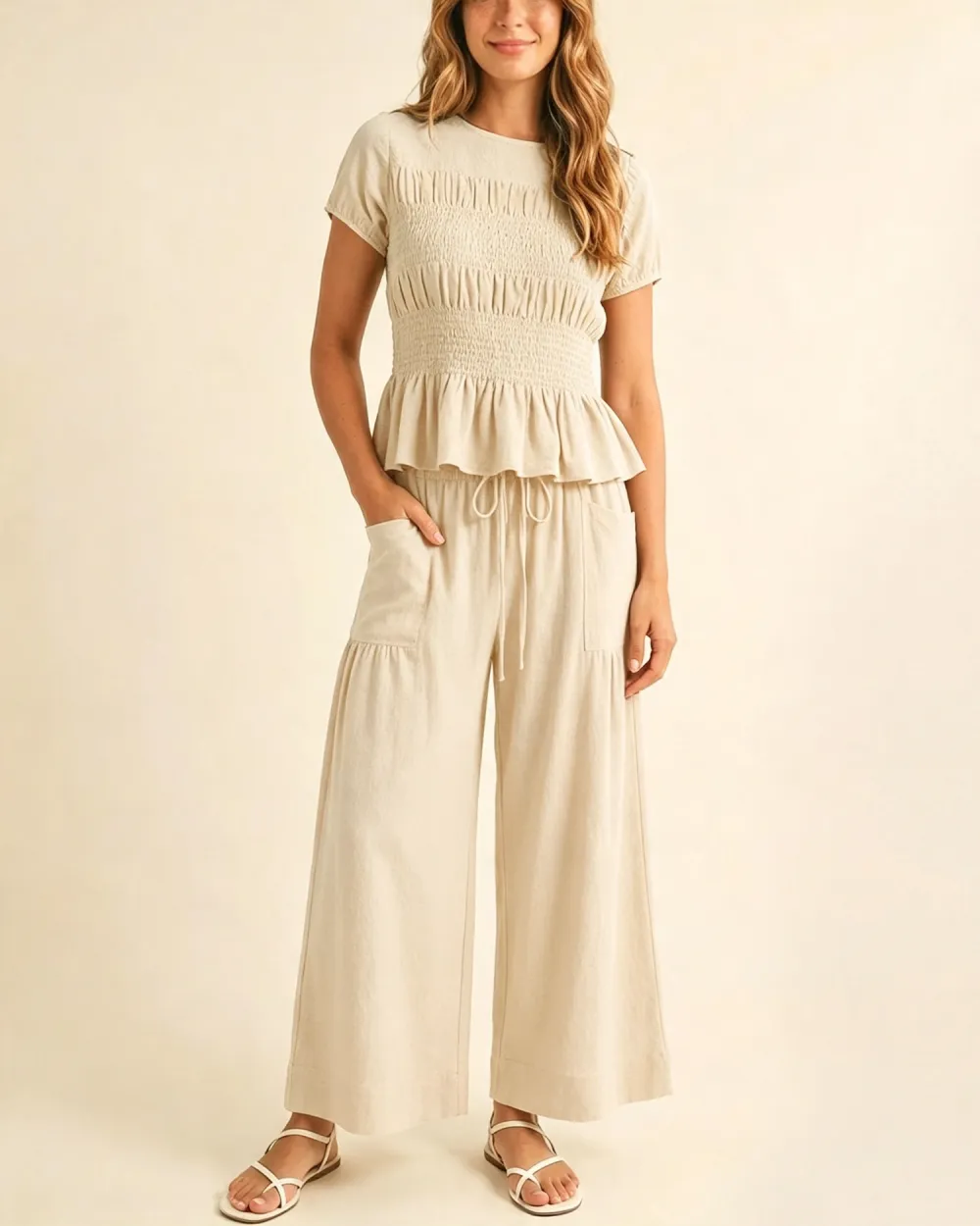Women's 2-Piece Smocked Top and Wide-Leg Pants Set