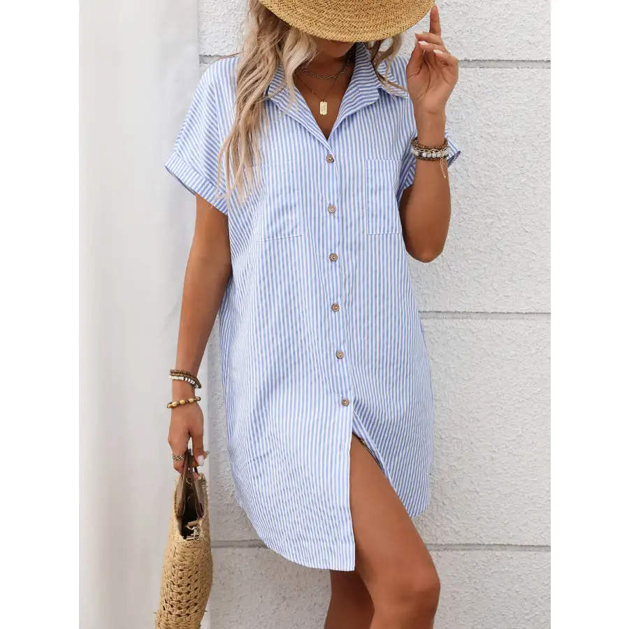 Striped Button Down Short Sleeve Mini Dress
