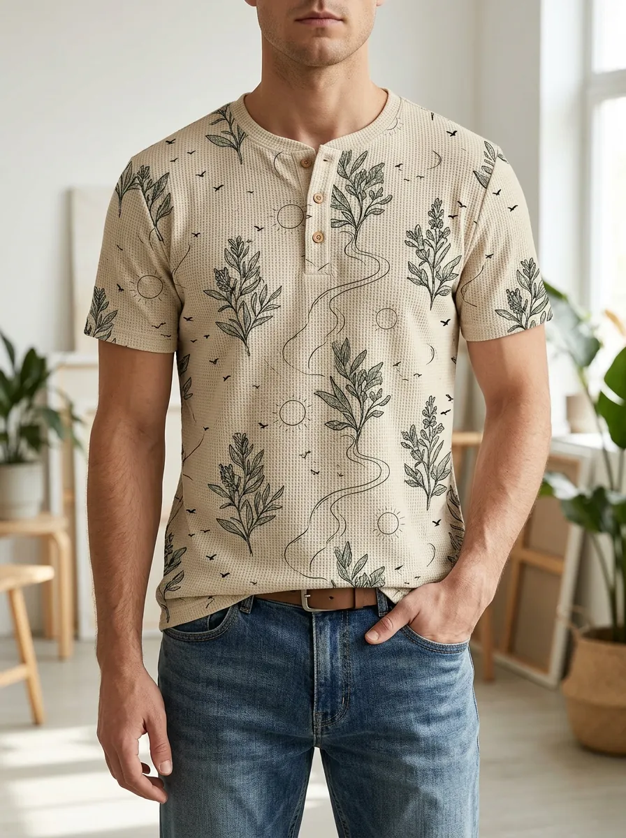 Men's Botanical Sun Waffle Knit Printed Henley T-Shirt