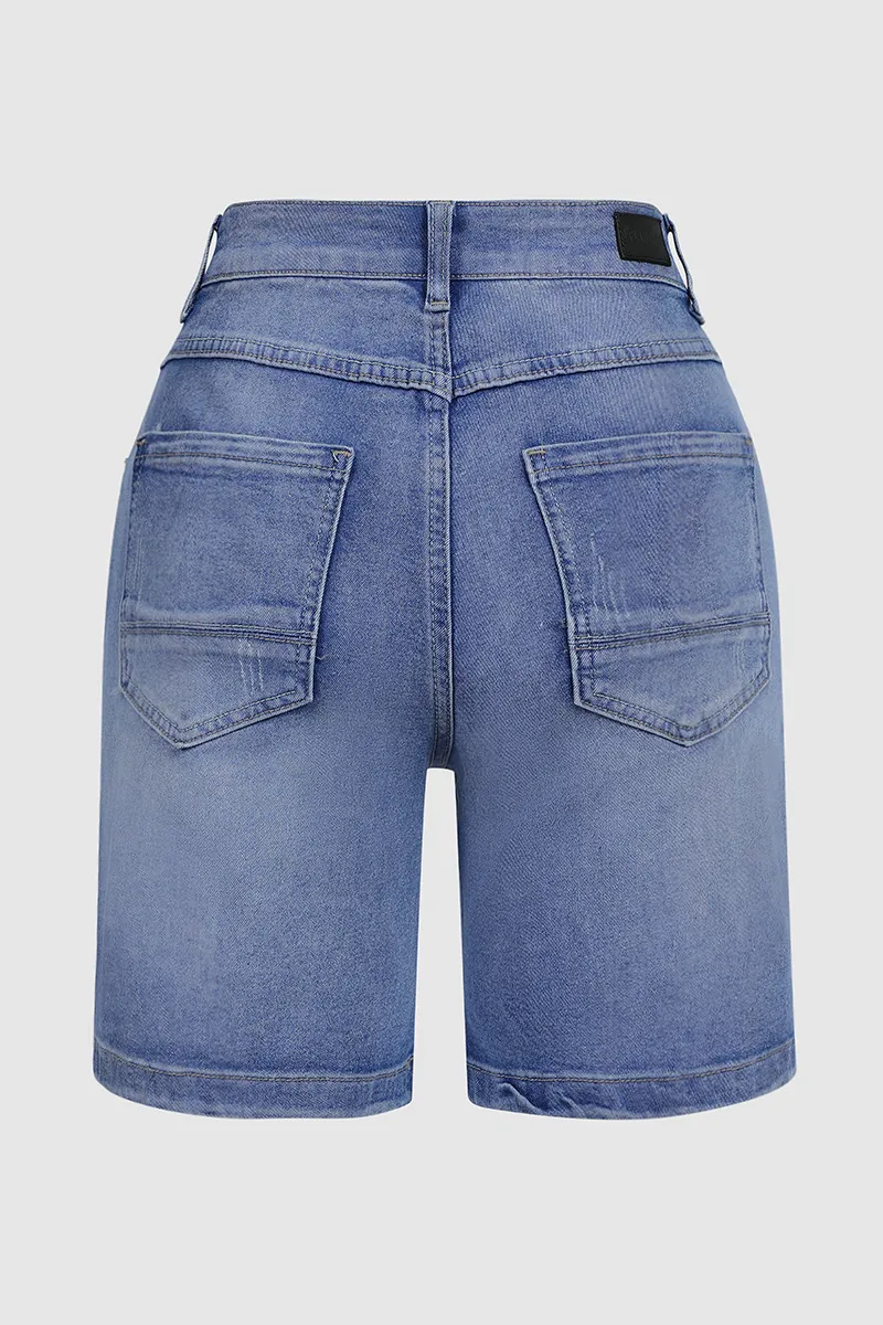 Zip Fly Ripped Denim Shorts Without Belt