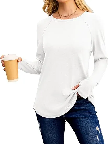 Womens Tunic Tops to Wear with Leggings Long Sleeve Thumb Hole Shirts Crew Neck Curved Hem