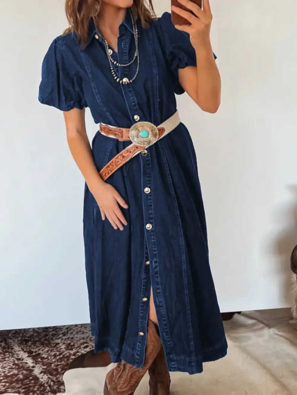 Denim Button Front Tie Waist Midi Dress