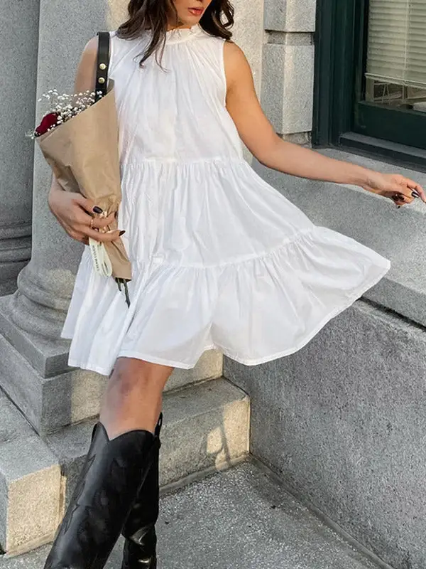 A Line Relaxed Pleated Ruffle Solid Color Split Joint Round Neck