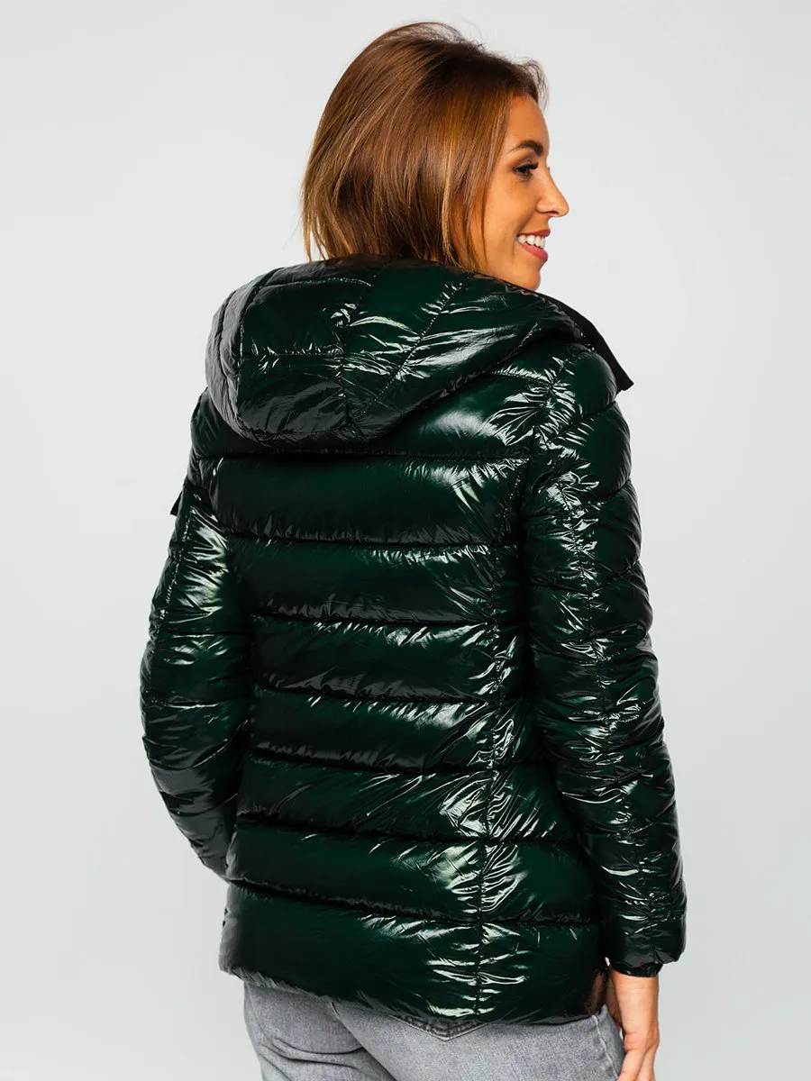 women's green quilted winter jacket with hood