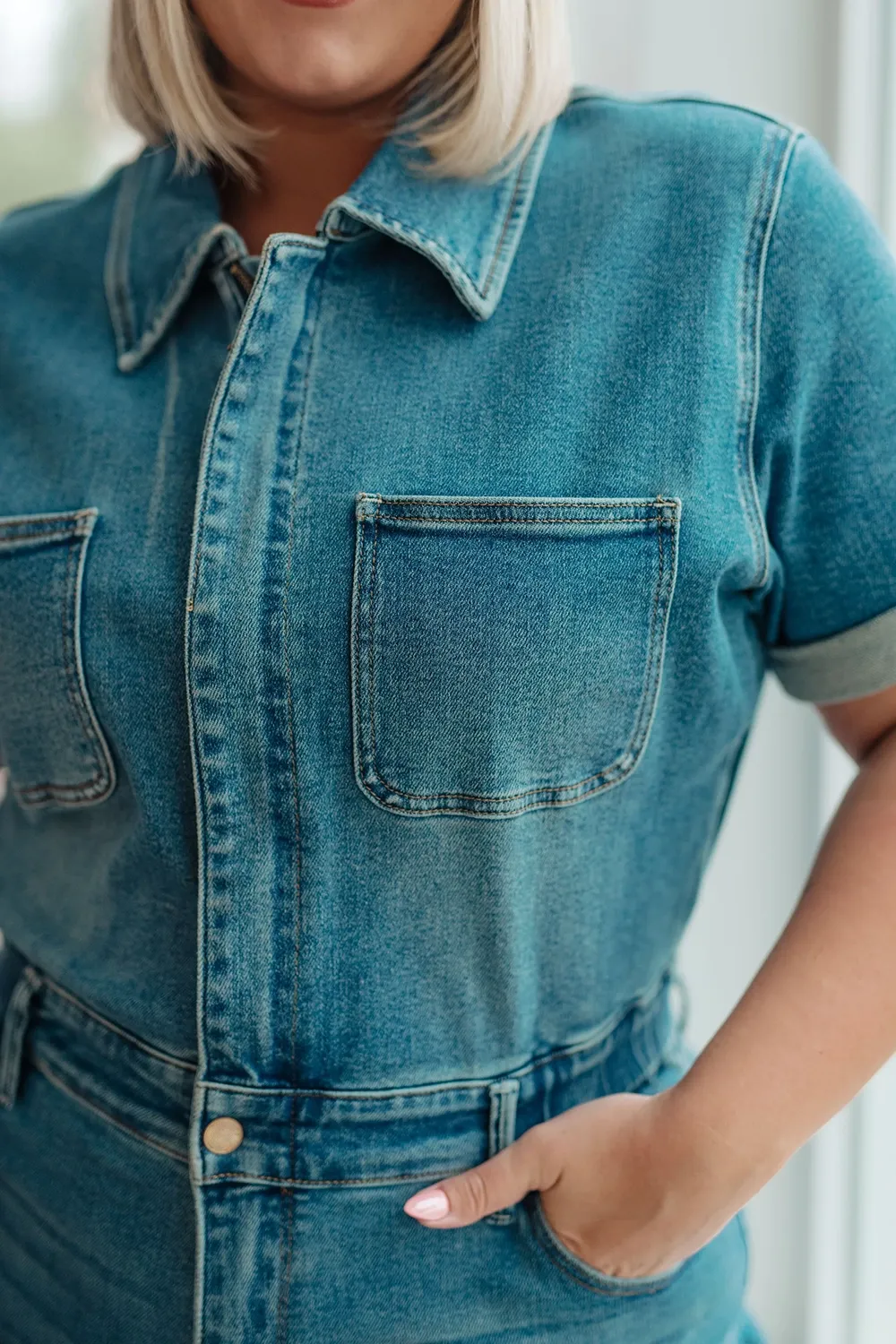 Blue Classic Minimalist Zipper Slim-Fit Jumpsuit