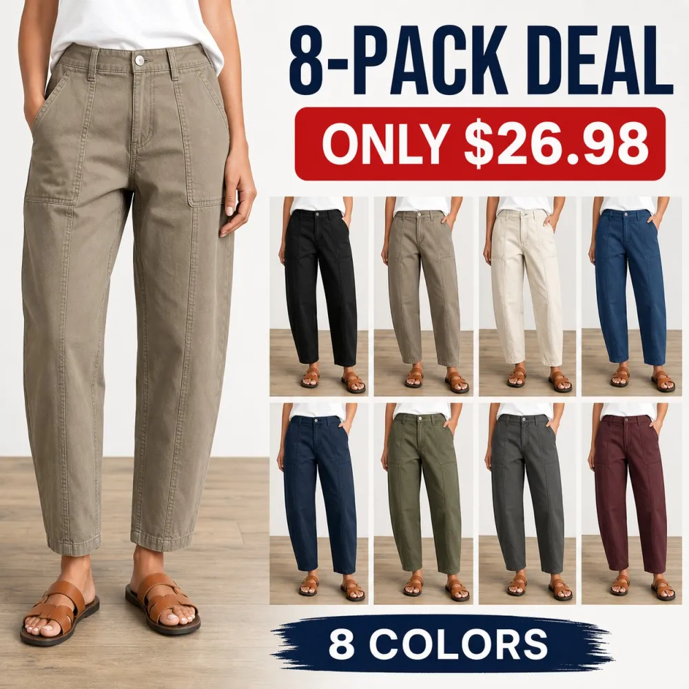 Women's Solid Stitch Detail Mid Waist Barrel Crop Pants
