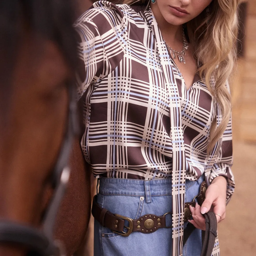 Plaid Tie Neck Blouse