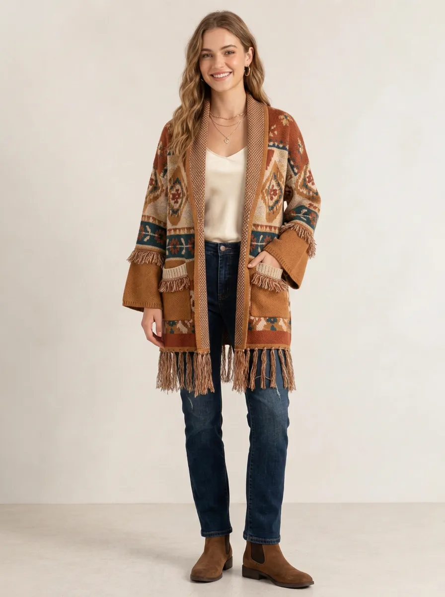 Women's Boho Style Geometric Pattern Tassel Printed Cardigan