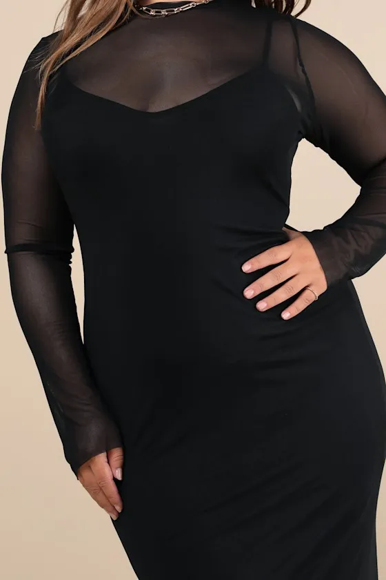 Perfect Plans Black Sheer Mesh Long Sleeve Midi Dress
