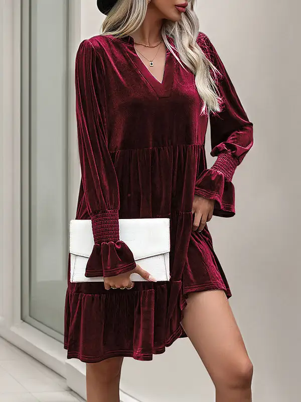 A Line Long Sleeve Pleated Solid Color Velvet V Neck Mini