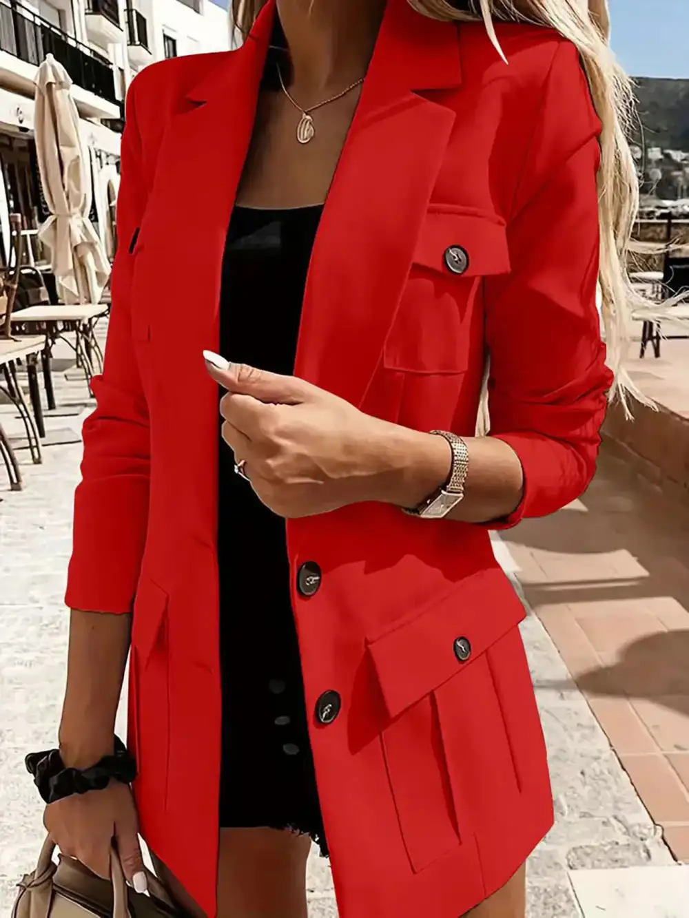 Refined Double-Breasted Lapel-Collar Long-Sleeve Blazer