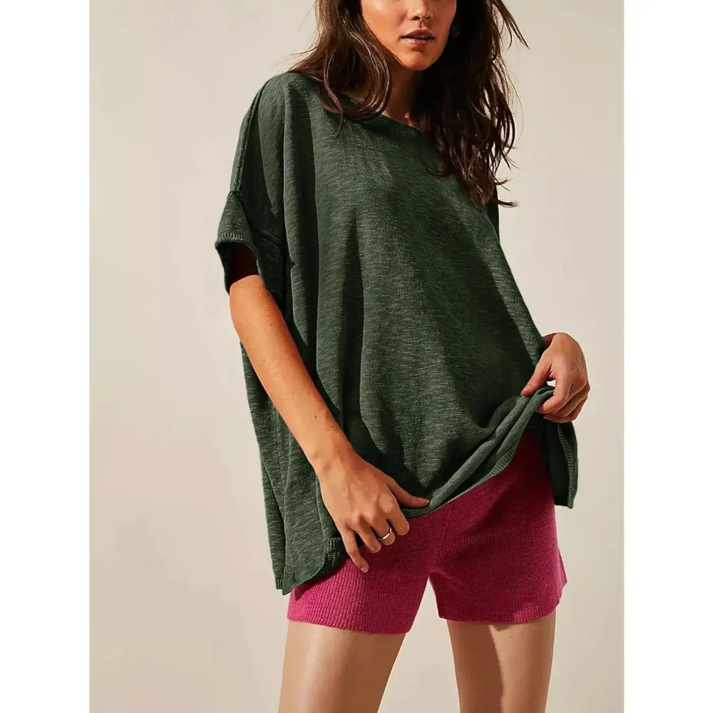Women's Oversized T Shirts Casual Summer Crew Neck Loose Dropped Short Sleeve Side Slit Hem Blouse Tunic Tops