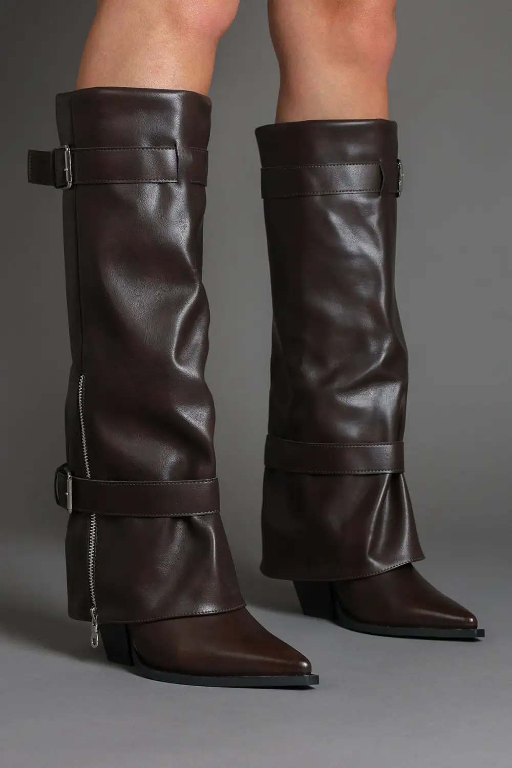 Classic Western Slouch Fold-Over Biker Knee High Boots