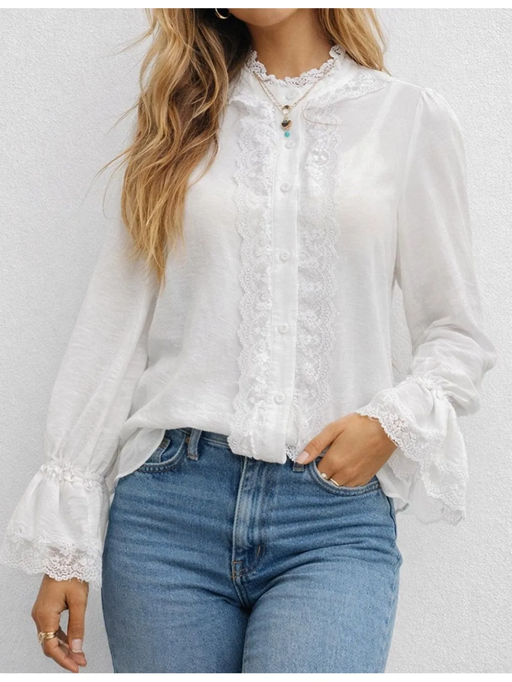 Chic Lace Stand Neck Button Front Flared Sleeves Blouse