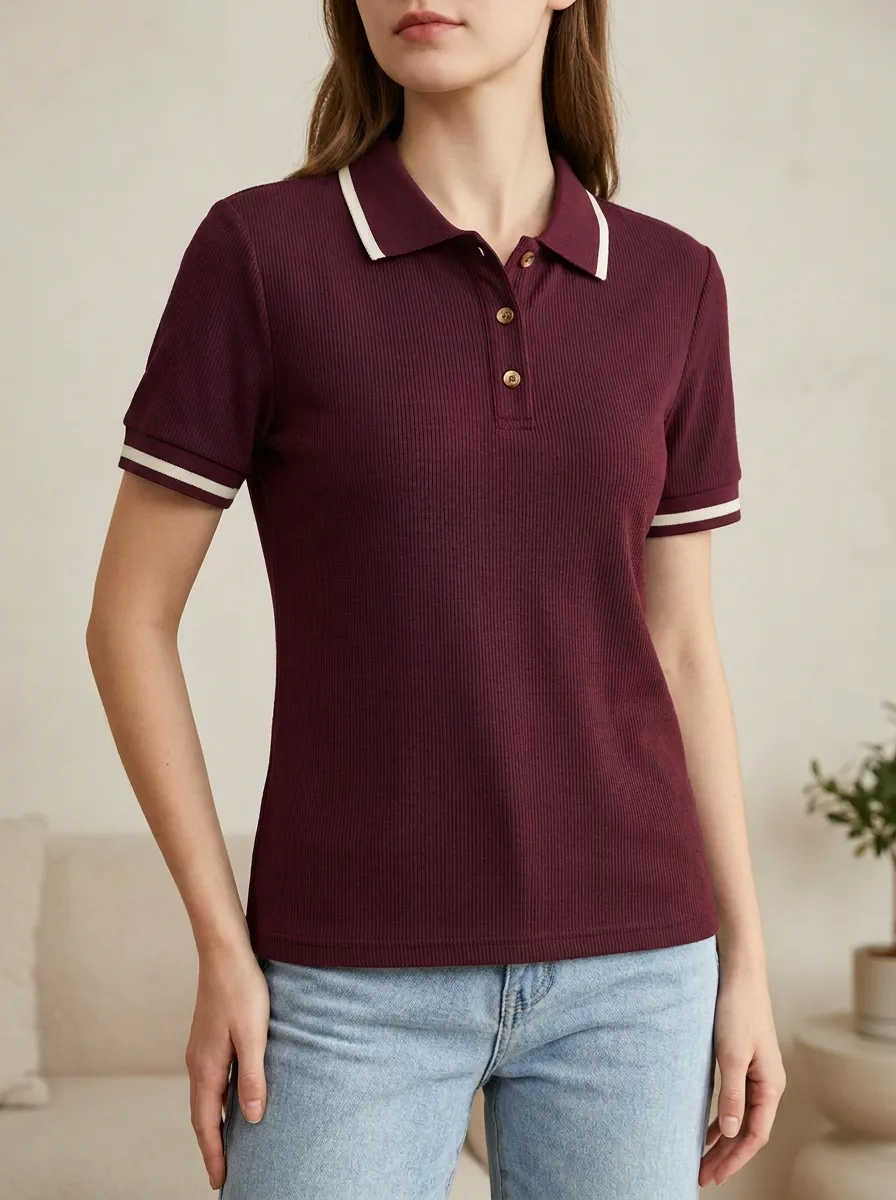 Women's Smart Ribbed Contrast-Trim Polo Shirt