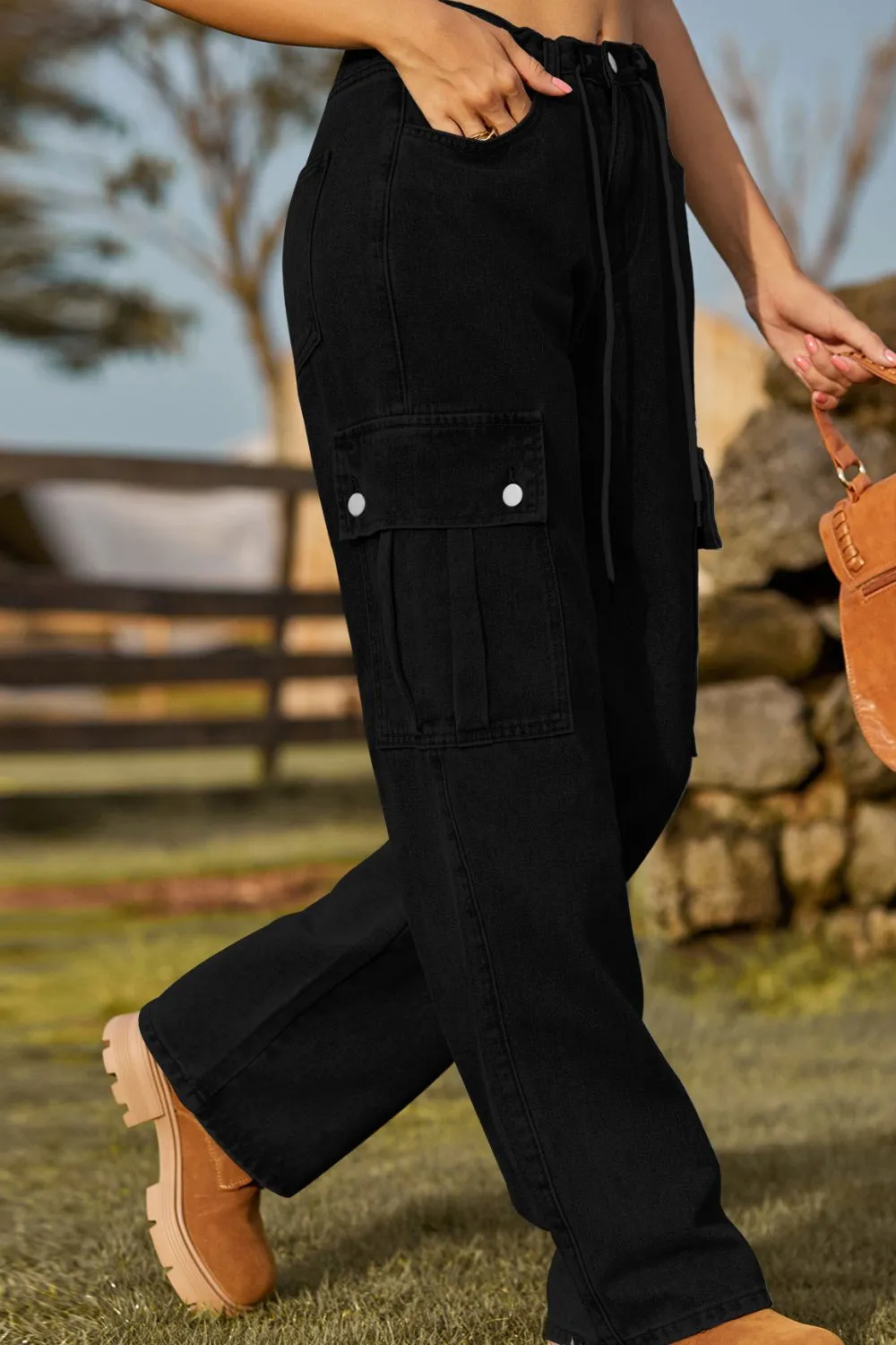 Loose Fit Pocketed Drawstring Denim Jeans