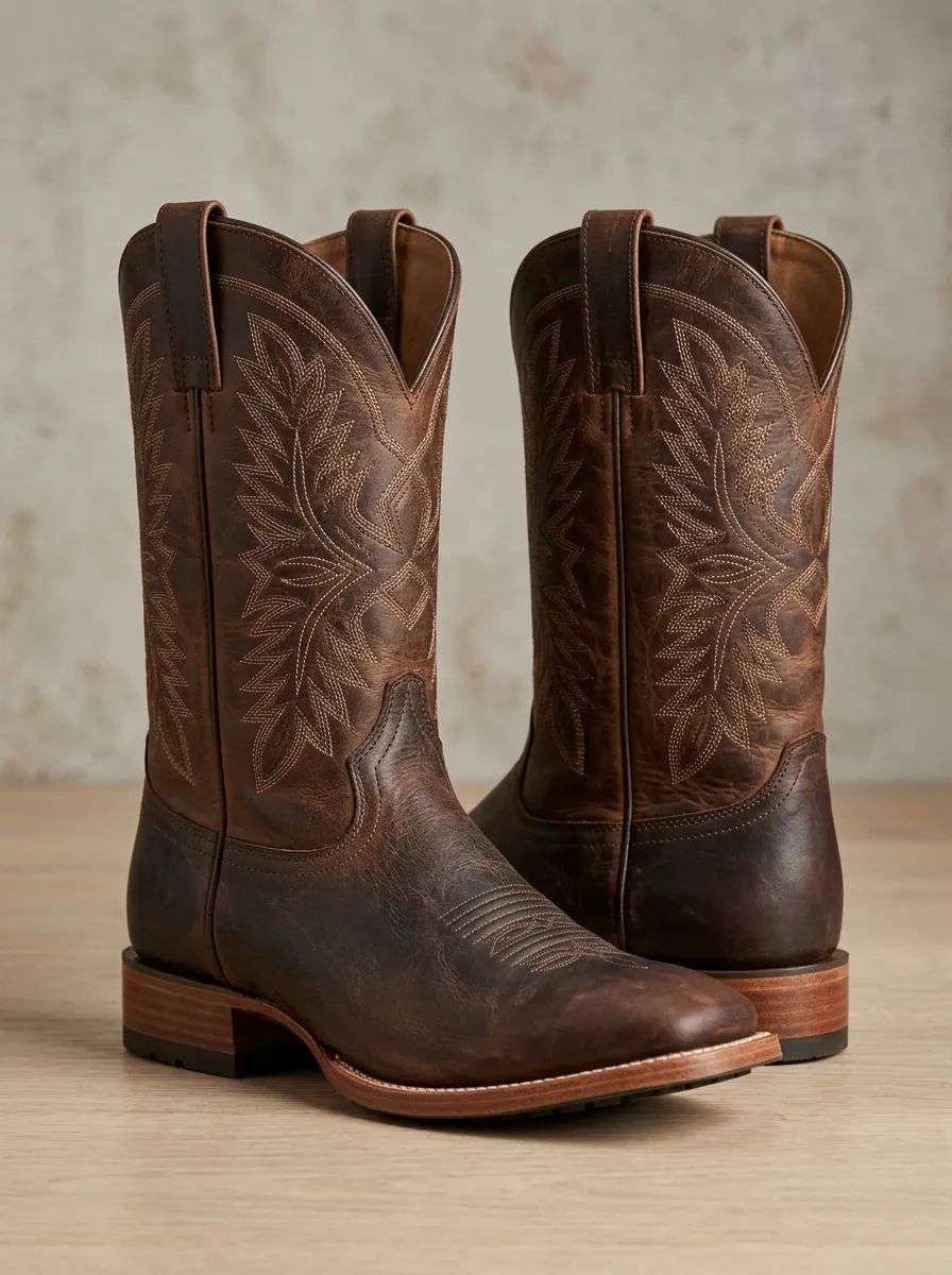 Men's Western Tonal-Embroidery Tonal-Stitch Mid-Calf Pull-Tab Vamp-Stitch Cowboy Boots