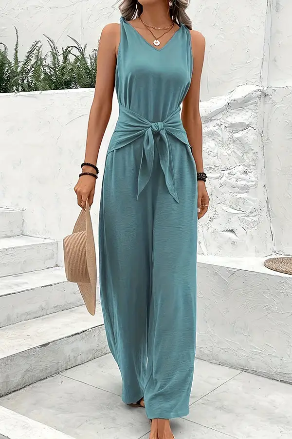 Color V Neck Knot Front Jumpsuit