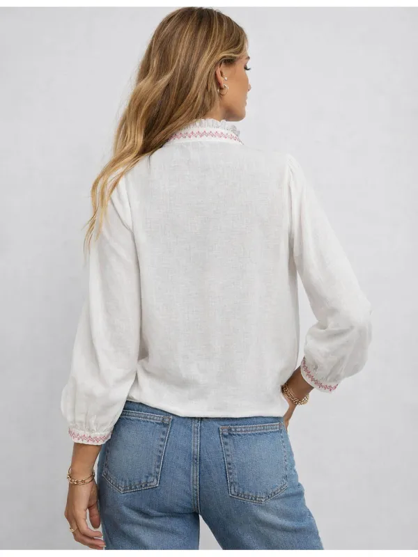 Boho Embroidery Ruffle Stand Neck Button Blouse
