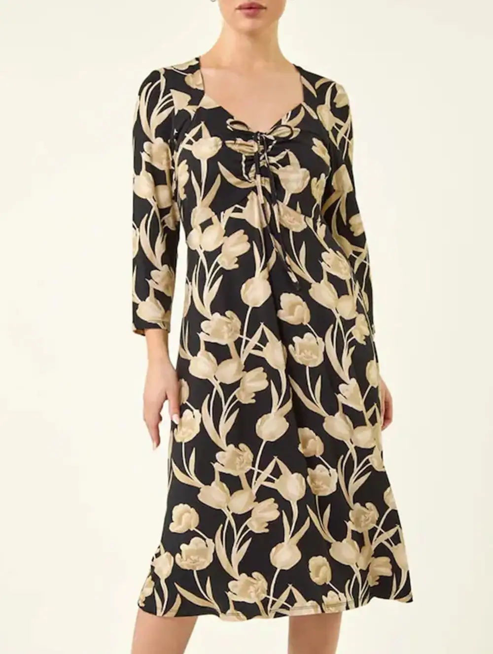 Printed V-Neck Tie Waist Midi Dress