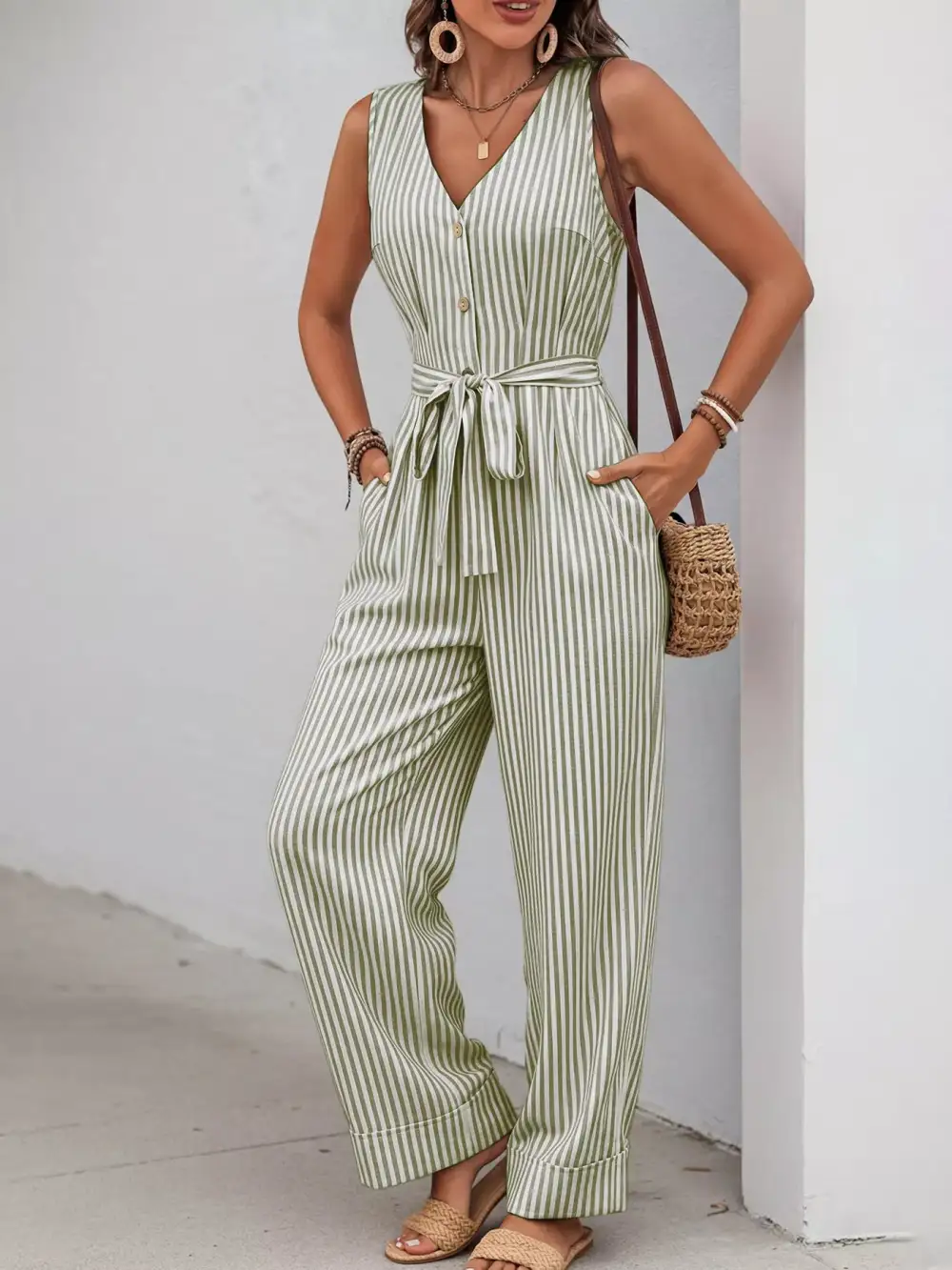 Striped Button Front Tie Waist Wide Jumpsuit