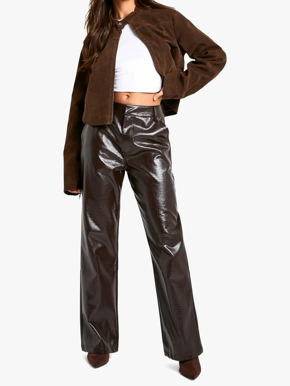 CHOCOLATE CROC PU STRAIGHT LEG PANTS