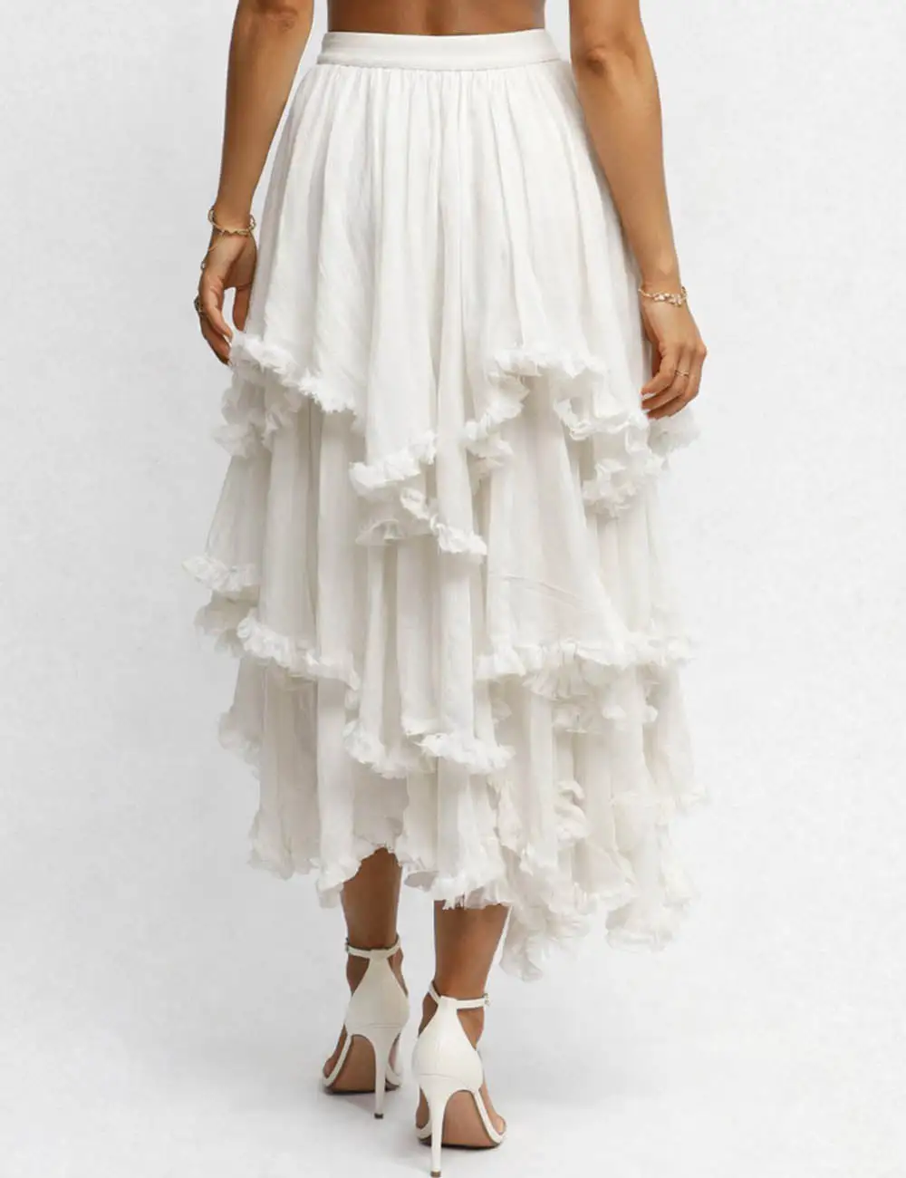 Sheer Mesh Elastic Waist Tiered Ruffle Midi Skirt