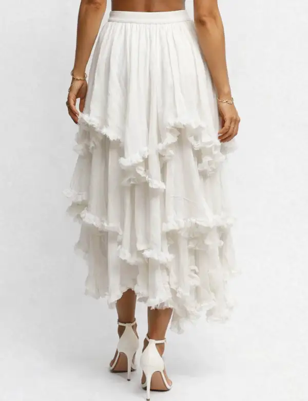 Sheer Mesh Elastic Waist Tiered Ruffle Midi Skirt