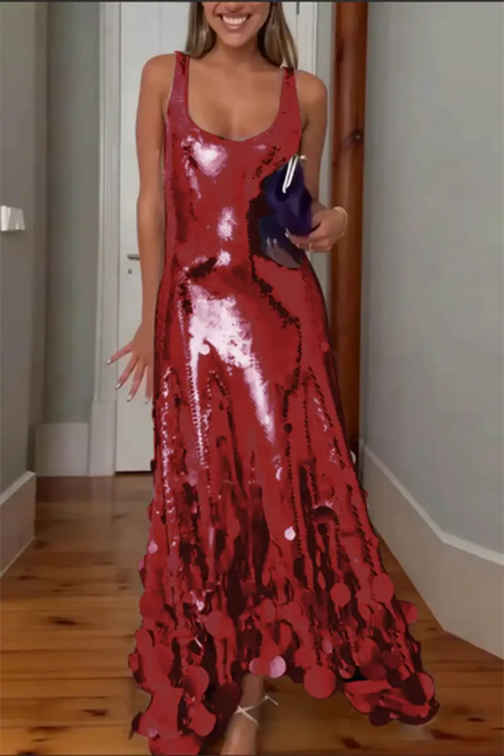Tips Sequin Irregular Round Maxi Gown