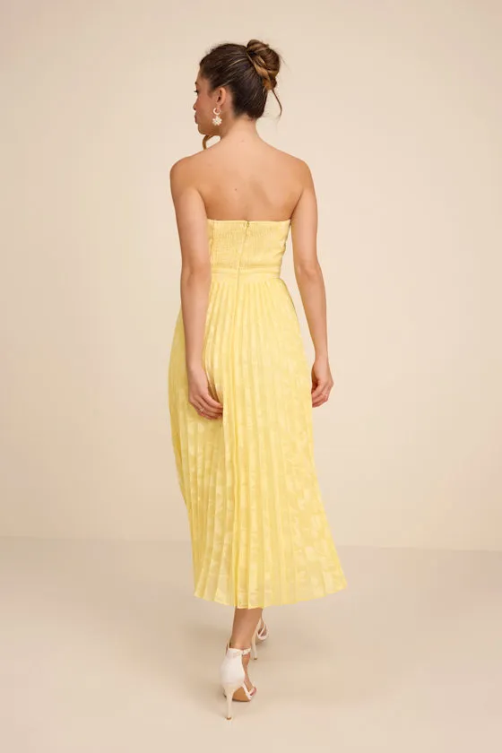Perfectly Stunning Yellow Jacquard Strapless Midi Dress
