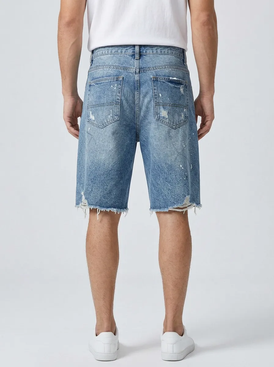 Men's Paint Splatter Distressed Street Inspired Distressed Denim Shorts