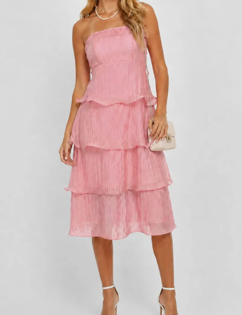 Chic Crinkle Strapless Tiered Ruffle Tube Midi Dress