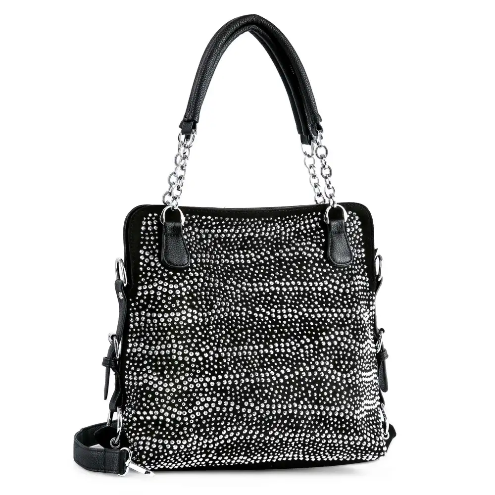 Polished Detail Crystal Accent Chain Accent Pocketed Faux Leather Shoulder Bag
