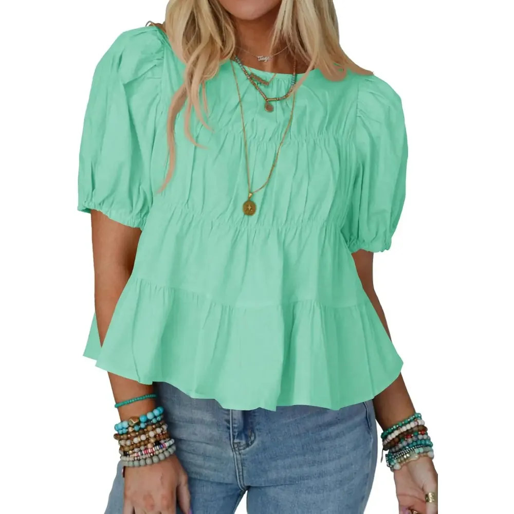 Womens Puff Sleeve Peplum Babydoll Tops
