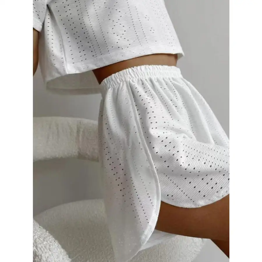 Eyelet Round Neck Top and Shorts Set