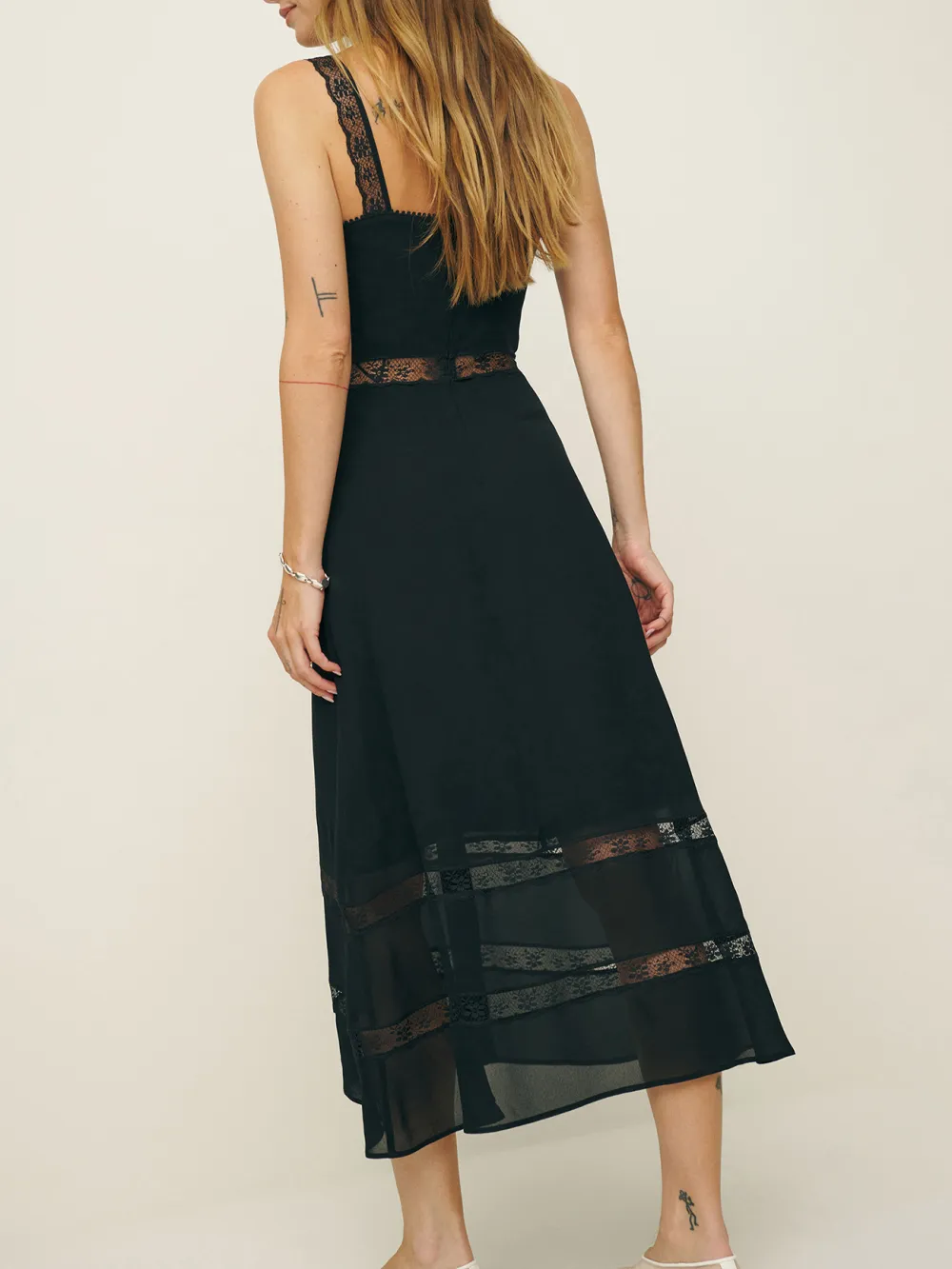 Button Front Lace Insert Sleeveless Midi Dress
