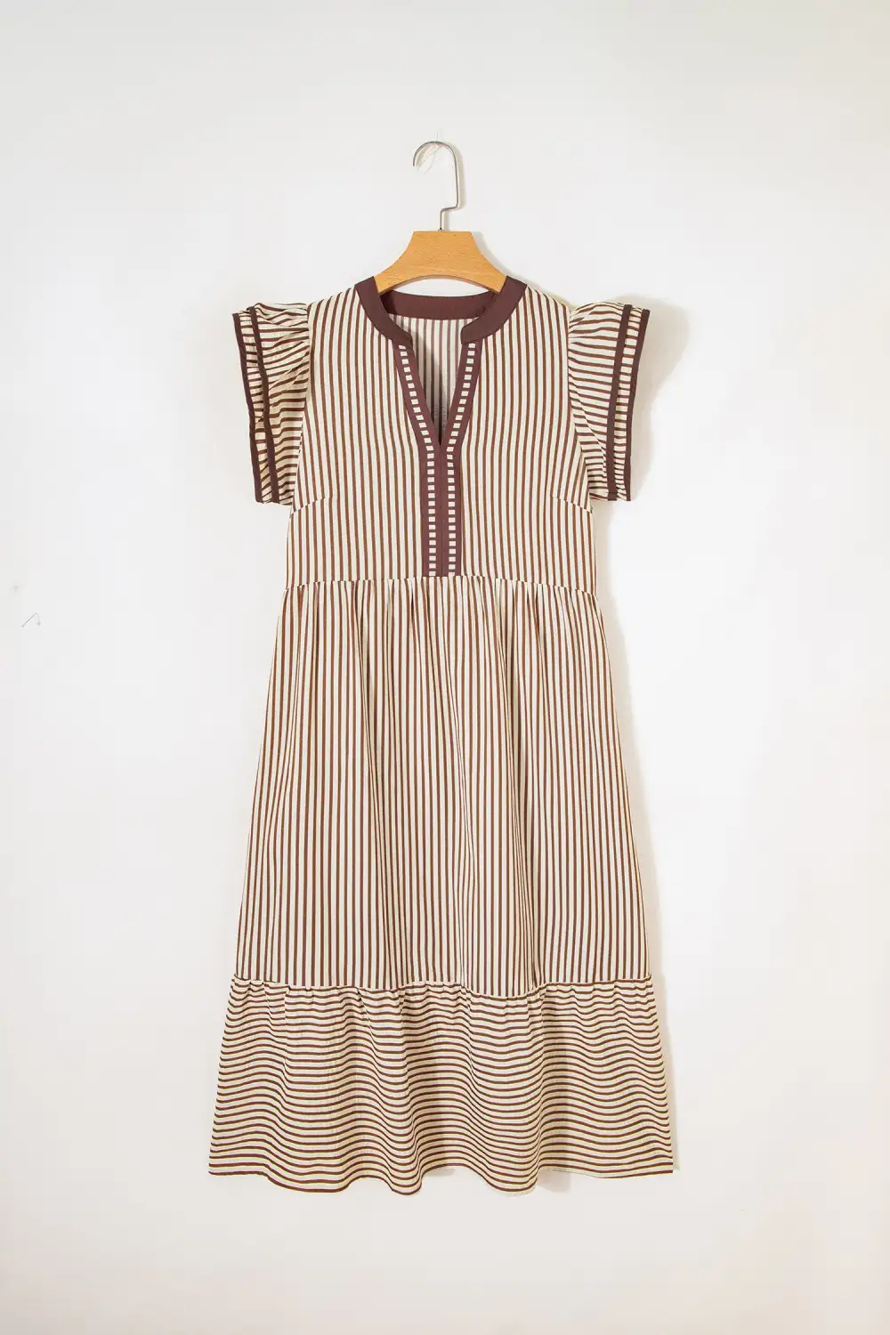 Lightweight Feel Striped V Neck Ruffle Midi Dress