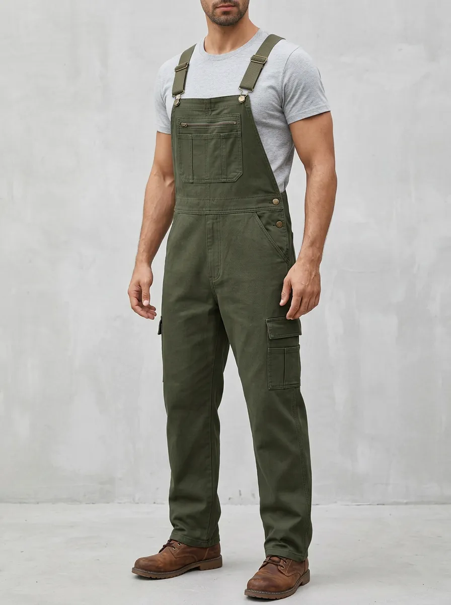 Men's Casual Olive Green Cargo Bib Overalls