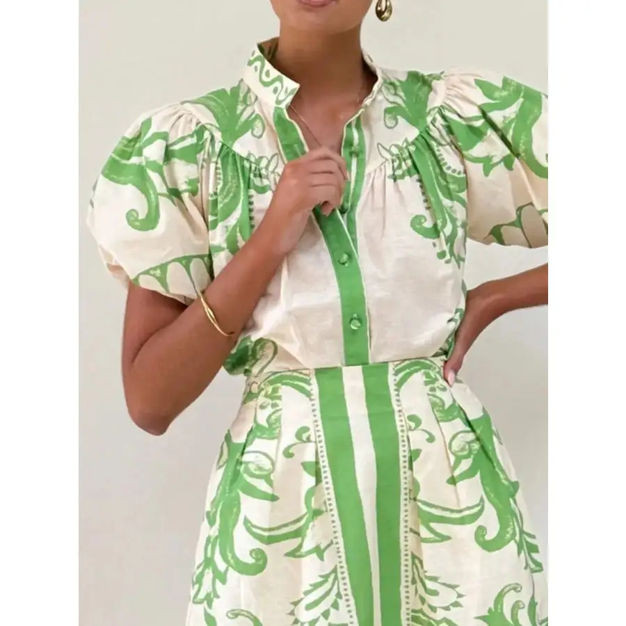 Printed Puff Sleeve Top and Skirt Set