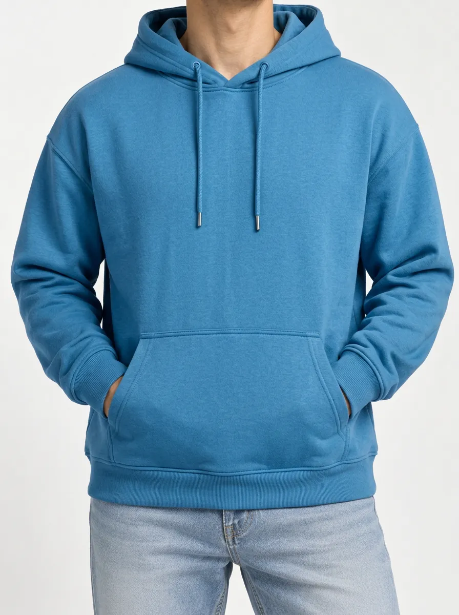 Unisex Blue Solid Color Hooded Sweatshirt