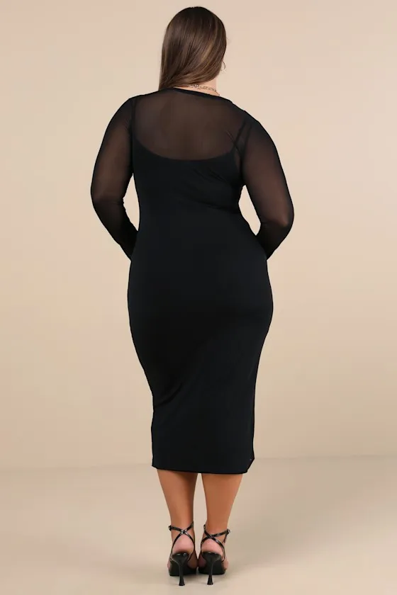 Perfect Plans Black Sheer Mesh Long Sleeve Midi Dress
