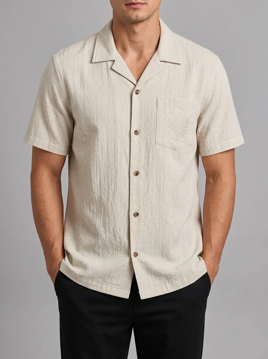 Men's Casual Beach Tropical Palm Leaf Embroidered Linen Shirt