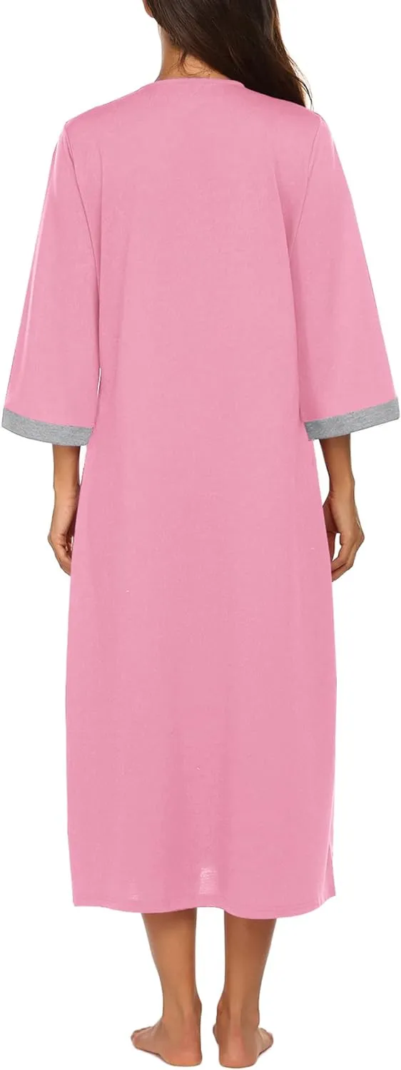 50% OFF Women Zipper Robe 3/4 Sleeves Loungewear Dress Full Length Sleepwear Pockets Housecoat Nightgown Long Bathrobe