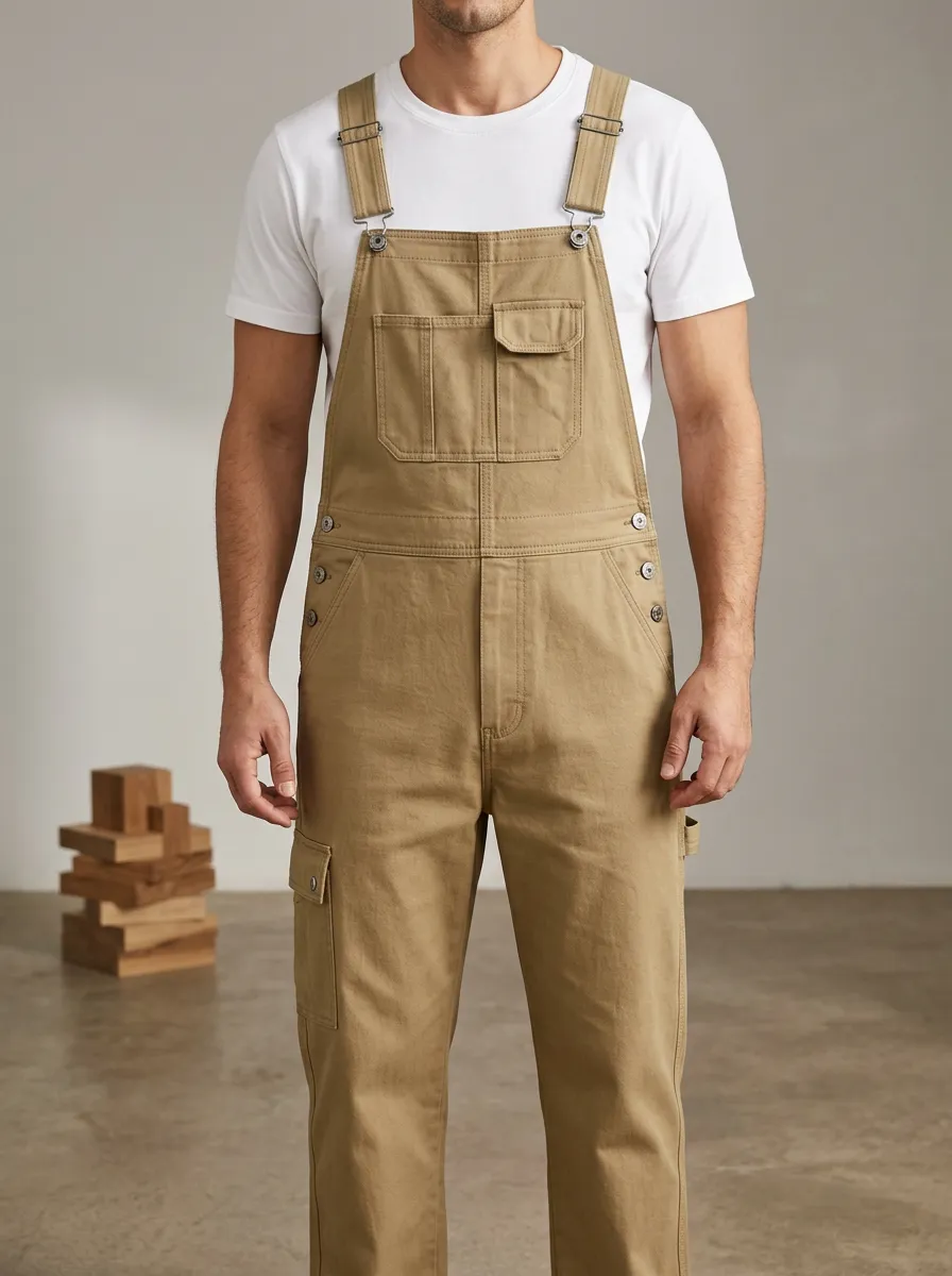 Men's Casual Workwear Khaki Cargo Bib Overalls